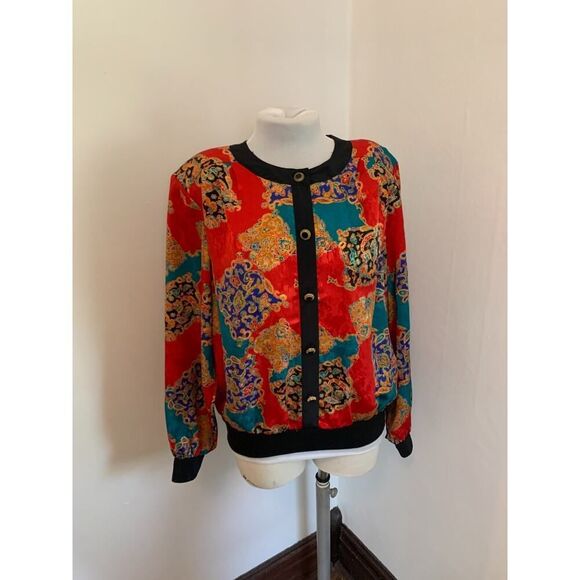 VTG Notations Versace Look Jacket Top 16W Red Satin Abstract Ornate Button Crop - Picture 5 of 16